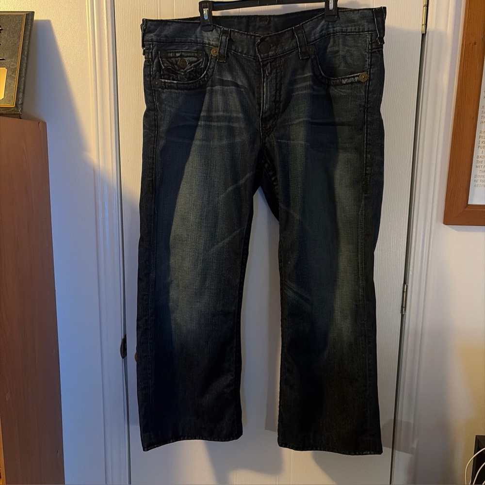 True Religion Ricky Super T Men's Y2K Dark Wash Flap Pockets Straight Jeans 42
